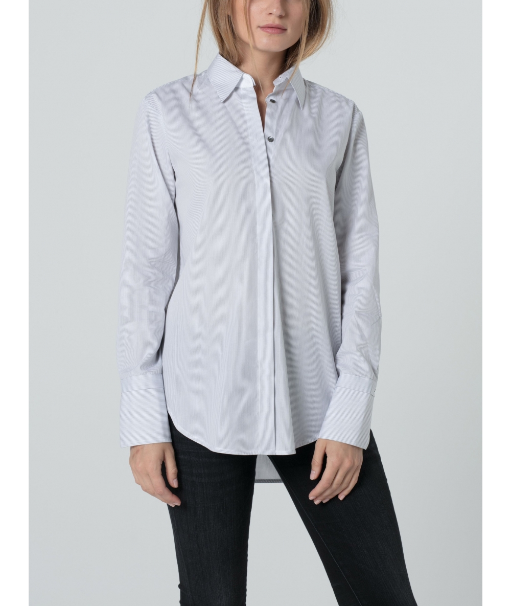 Chemise en popeline de coton rayée blanche et grise 