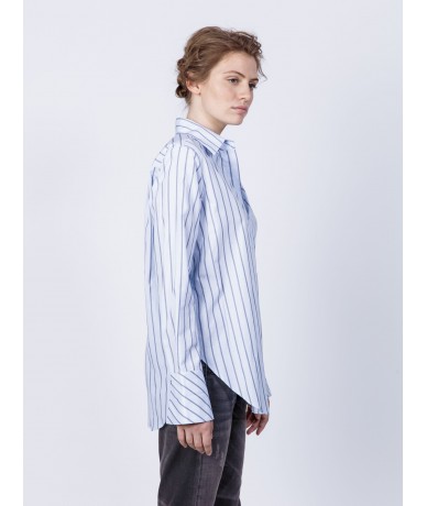 Chemise Hida femme haut de gamme : popeline de coton rayé bleu et gris