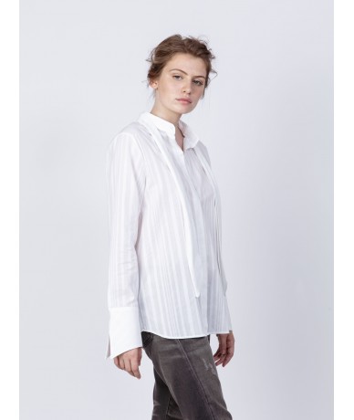 Blouse voile de coton rayé ton sur ton col mao et lavallière amovible